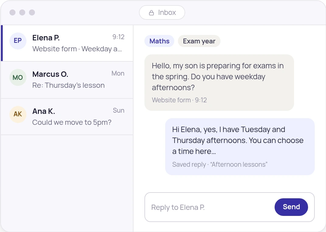 Illustration of the Atelier inbox: a website enquiry from a parent answered with a saved reply, and tags on the conversation. All names are samples.