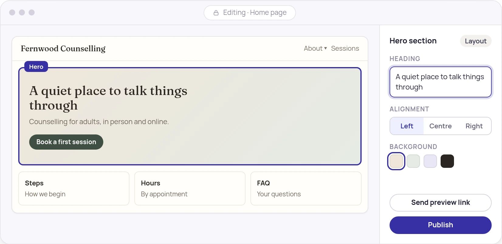 Illustration of the visual page editor: a selected hero section on the left and its settings in a side panel on the right.