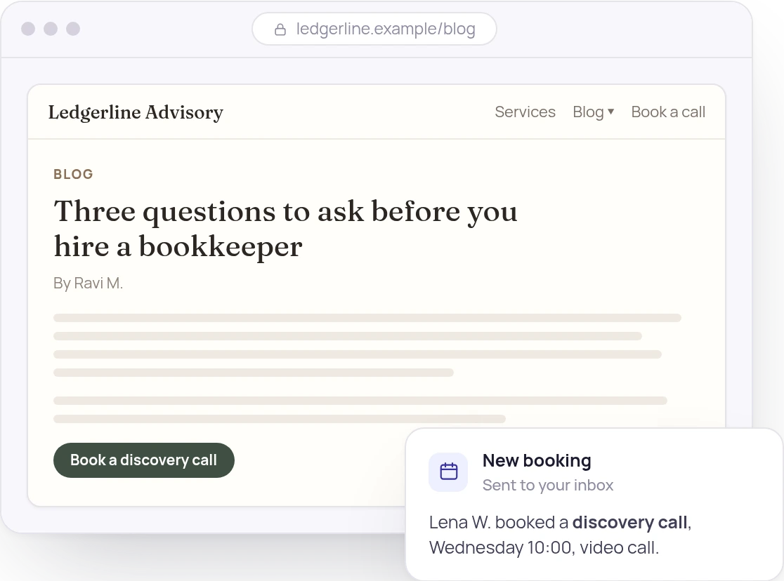 Illustration of a consultant’s blog post ending in a “Book a discovery call” button, and an alert for a new booking. All names are samples.