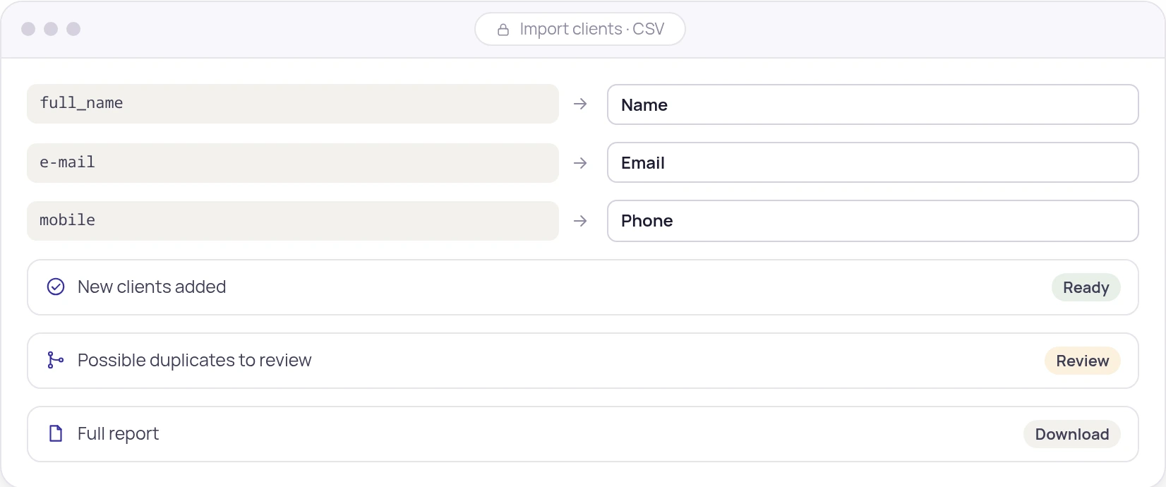 Illustration of a client import from a spreadsheet: column matching and a summary report.