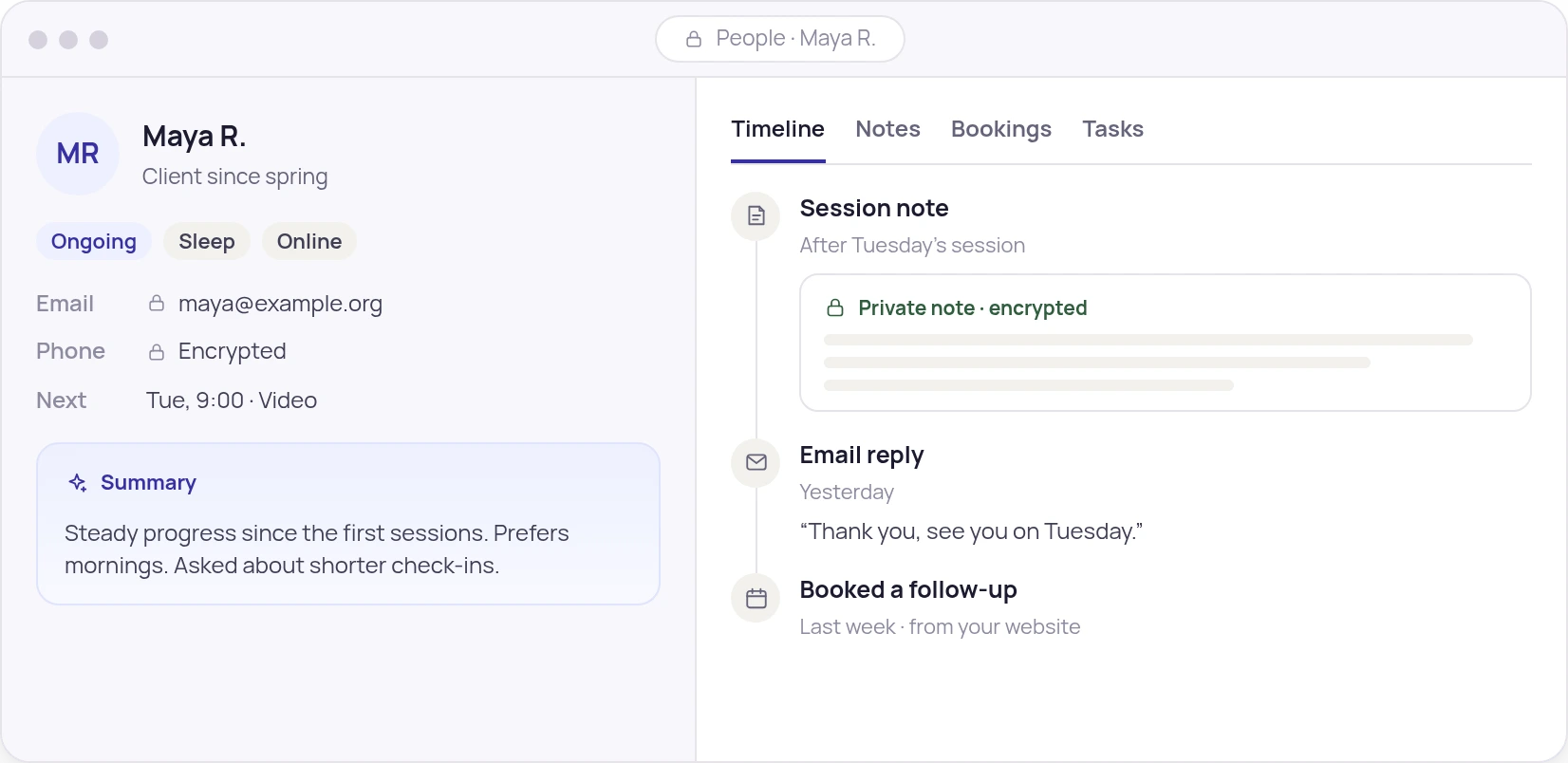Illustration of a client profile: contact details, tags and a timeline of bookings, messages and an encrypted session note.