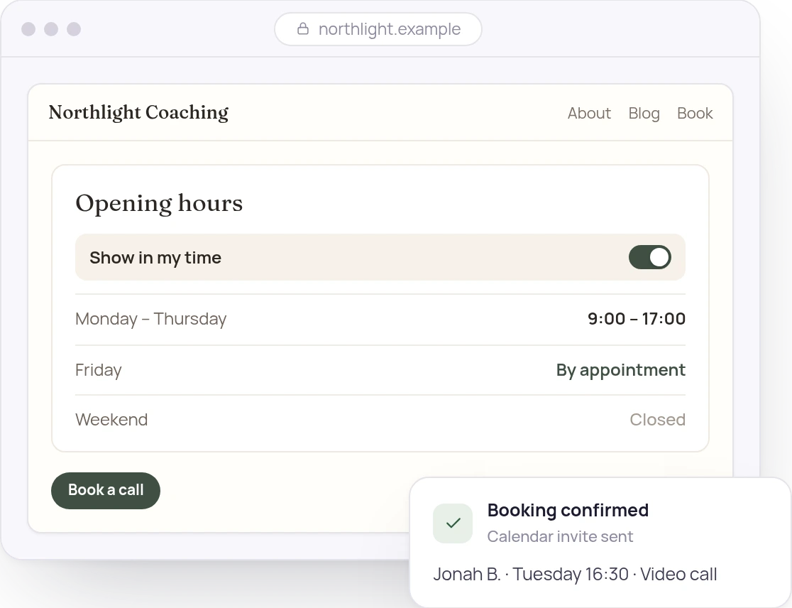 Illustration of a coach’s website showing opening hours with a “show in my time” switch, and a booking confirmation. All names are samples.