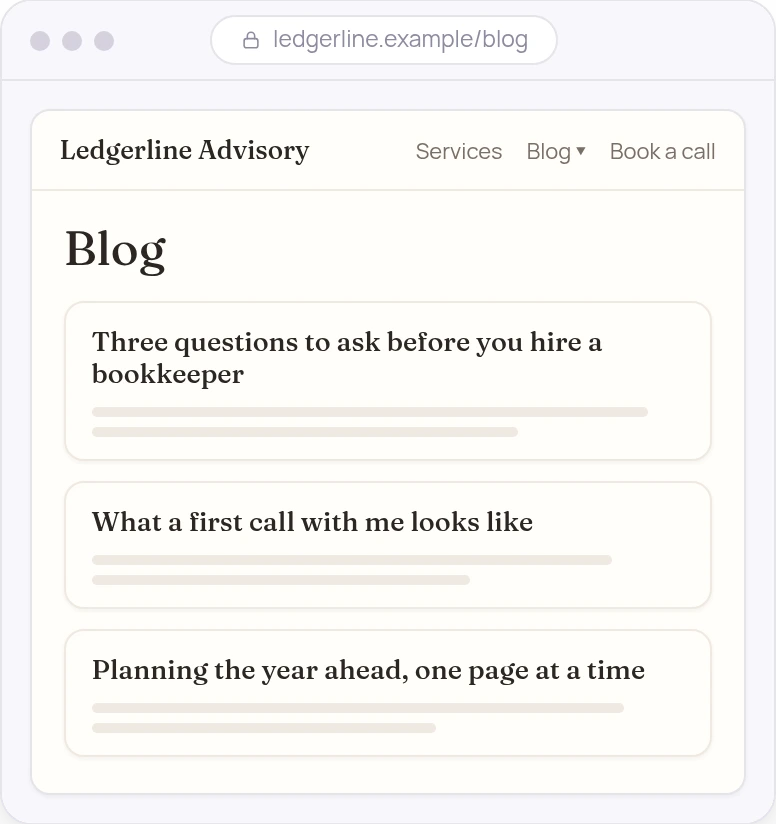 Illustration of a blog page on a sample consultant’s website, with three posts. All names are samples.