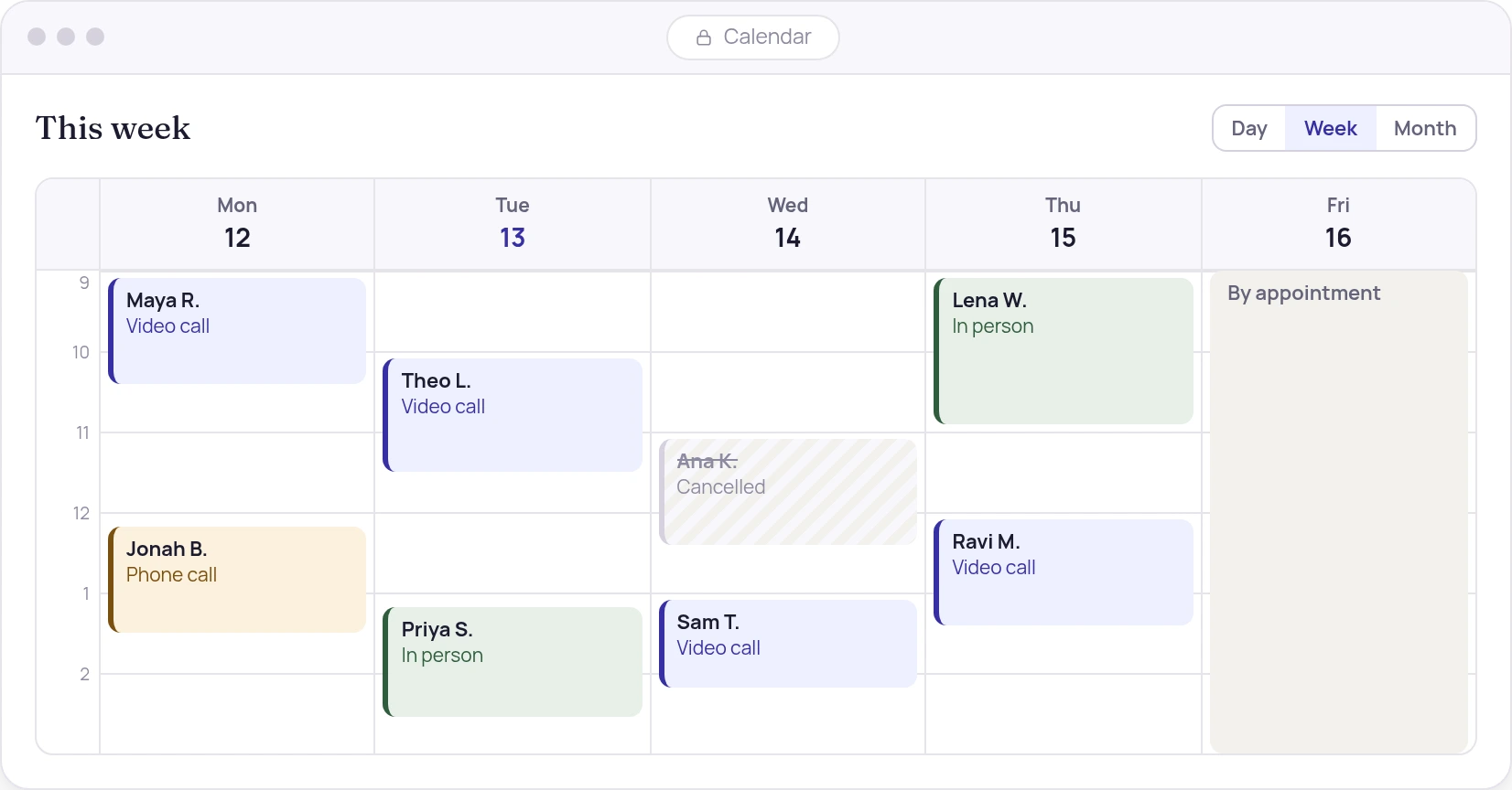 Illustration of the week calendar with sessions marked as video call, phone call or in person, and one cancelled session still visible.