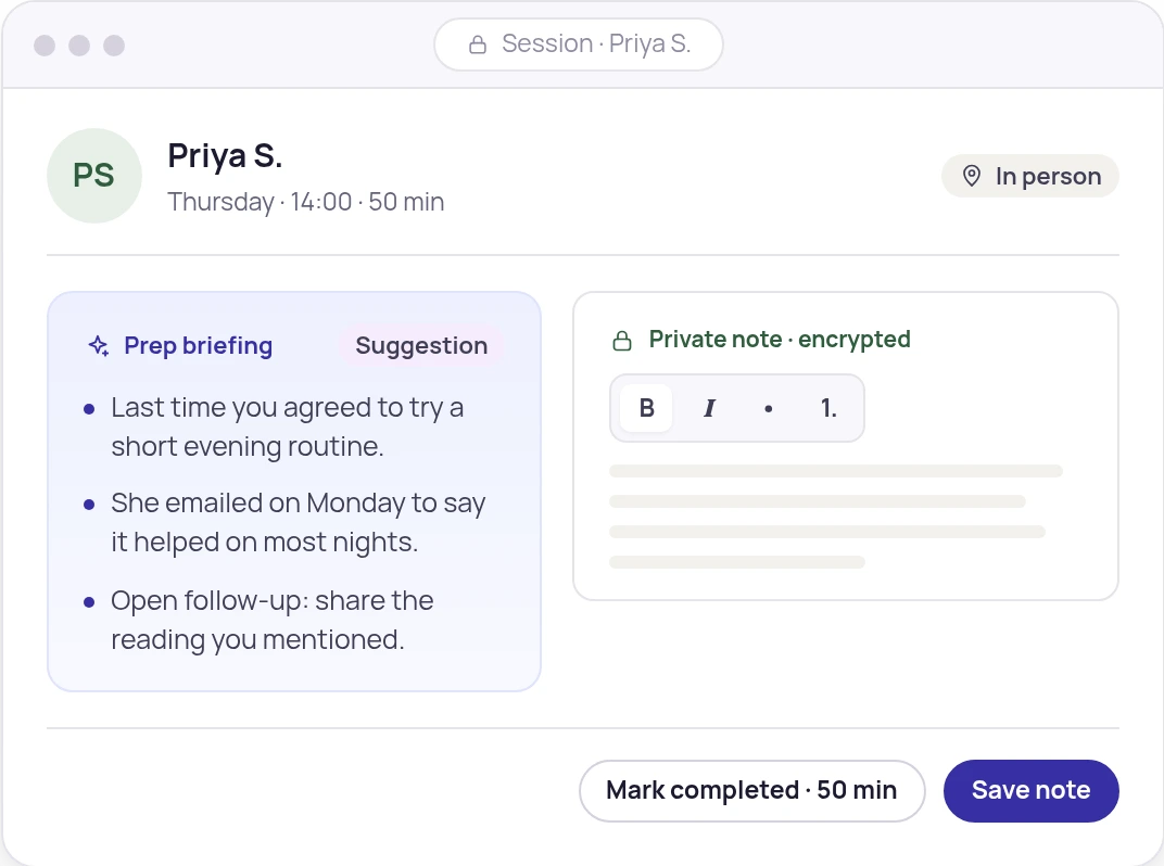 Illustration of a session view: an AI prep briefing marked as a suggestion beside a private, encrypted session note. All names are samples.