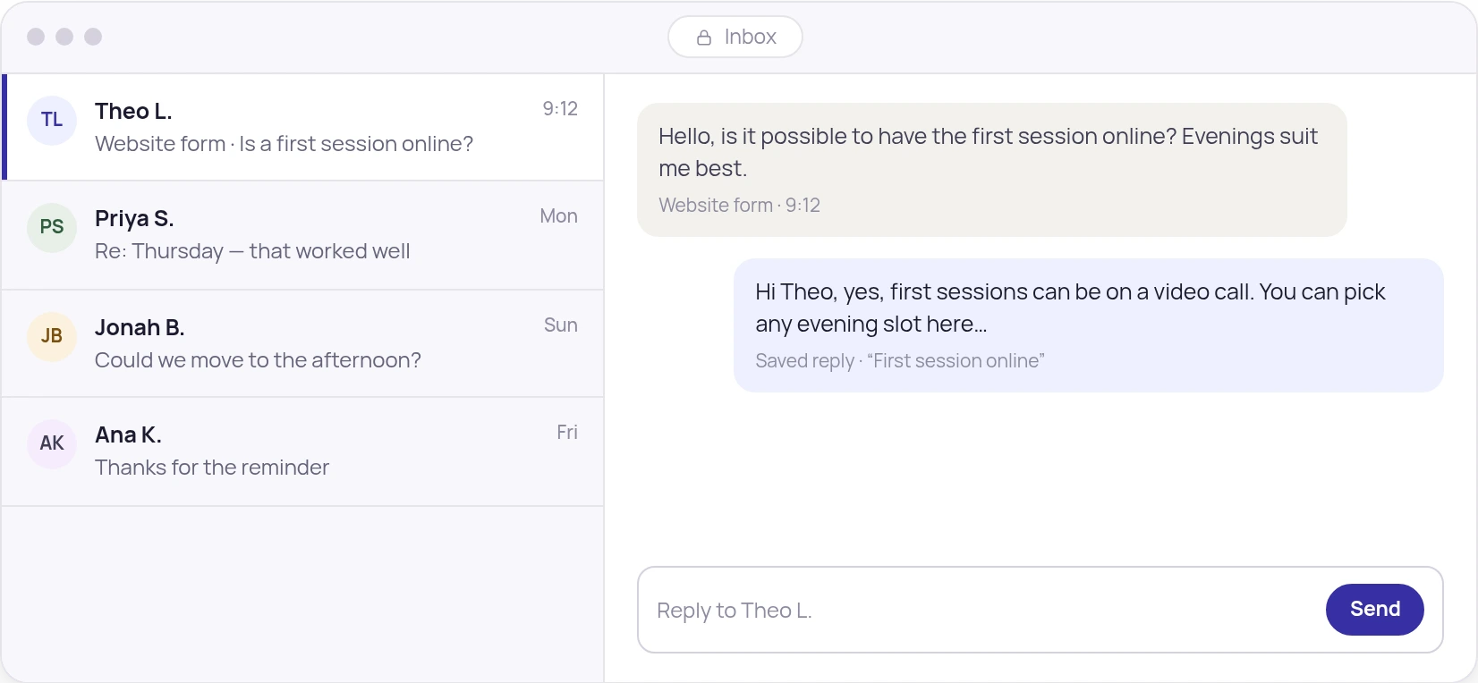 Illustration of the inbox: website enquiries and emails in one list, with a reply being written from a saved reply.